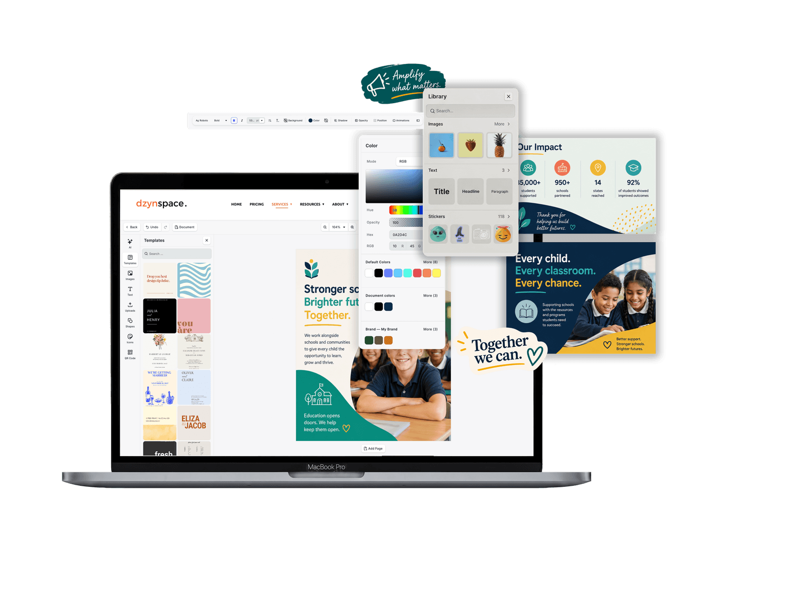 Dzyn Space design editor and community marketing templates on a laptop